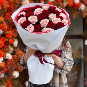 Букет "Сокровенное желание" из 25 пудровых и красных роз Эквадор (60 см) в Красноармейске
