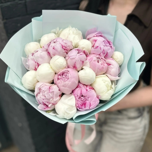 Микс из 19 бело-розовых пионов в Красноармейске